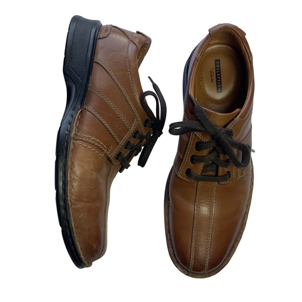 Clarks Size 9.5 Touareg Vibe Oxford Tan Leather Bicycle Toe Lace Up Shoes Mens
